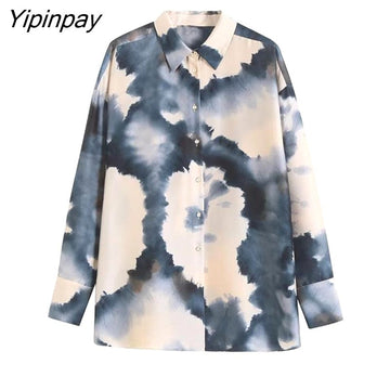 Yipinpay 2023 Fashion Women Tie-Dye Printed Skirts Sets Summer Turn Down Collar Shirts Top Side Mid-Calf Casual Skirts